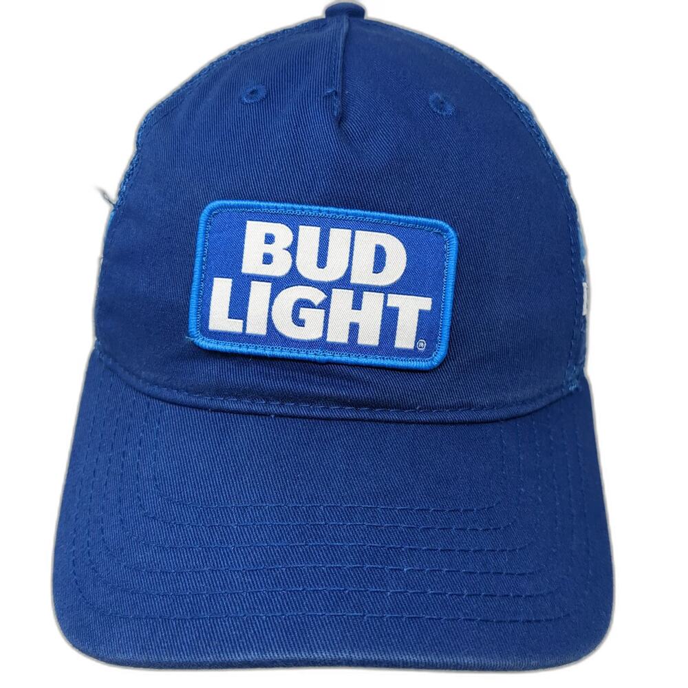 Bud Light Trucker Hat Blue One Size Snapback Patch Logo Mesh Back Stripes Beer